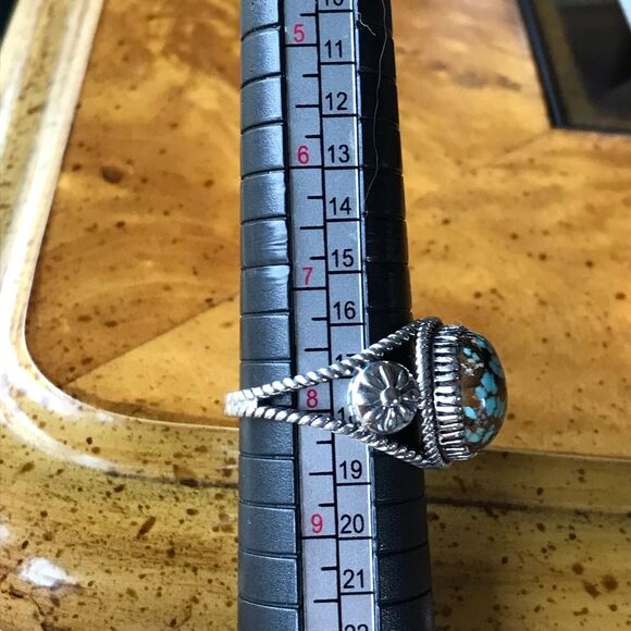 Blue Turquoise Sterling Silver Flower Ring Size 8 - Picture 4 of 9